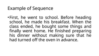 Example of Sequence
•First, he went to school. Before heading
school, he made his breakfast. When the
class ended, he bought some things and
finally went home. He finished preparing
his dinner without making sure that he
had turned off the oven in advance.
 