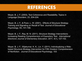 REFERENCES
Meyer, B. J. F. (2003). Text Coherence and Readability. Topics in
Language Disorders, 23, 204-224.
Meyer, B. J. F., & Poon, L. W. (2001). Effects of Structure Strategy
Training and Signaling on Recall of Text. Journal of Educational
Psychology, 93, 141-159.
Meyer, B. J. F., Ray, M. N. (2011). Structure Strategy Interventions:
Increasing Reading Comprehension of Expository Text. International
Electronic Journal of Elementary Education, 2011, 4(1), 127-152.
Meyer, B. J. F., Wijekumar, K. K., Lin, Y. (2011). Individualizing a Web-
based Structure Strategy Intervention for Fifth Graders’ Comprehension
of Nonfiction. Journal of Educational Psychology, 103.
 