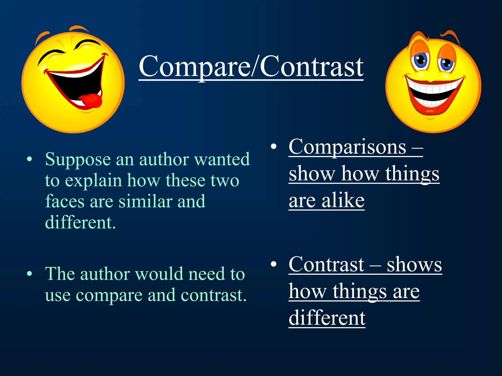 Compare/Contrast
• Comparisons –
show how things
are alike
• Contrast – shows
how things are
different
• Suppose an author wanted
to explain how these two
faces are similar and
different.
• The author would need to
use compare and contrast.
 