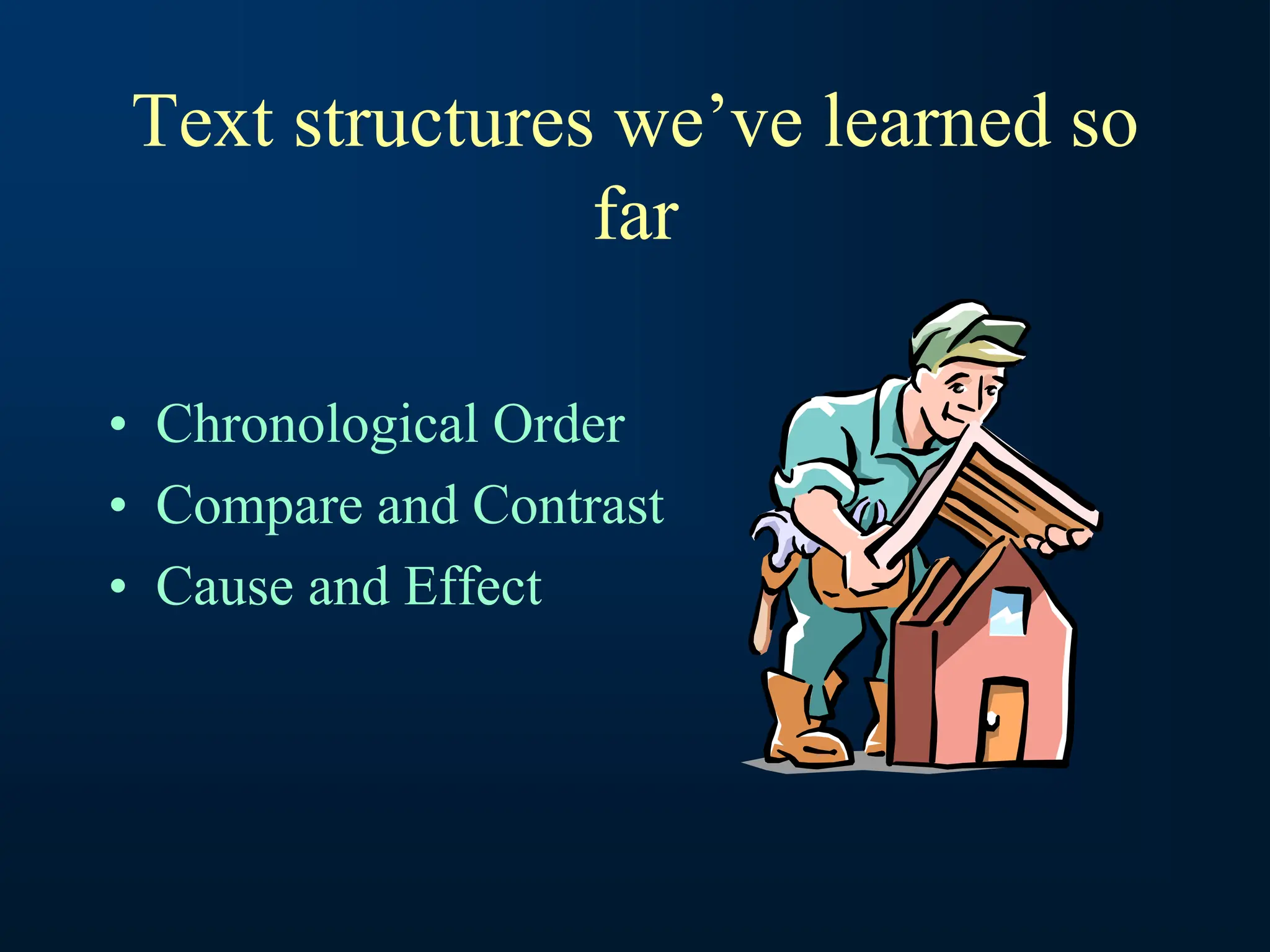 Text structures we’ve learned so
far
• Chronological Order
• Compare and Contrast
• Cause and Effect
 