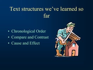 Text structures we’ve learned so
far
• Chronological Order
• Compare and Contrast
• Cause and Effect
 
