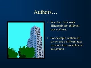 Authors…
• Structure their work
differently for different
types of texts.
• For example, authors of
fiction use a different text
structure than an author of
non-fiction.
 