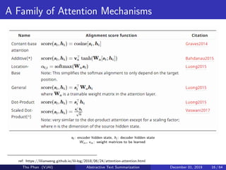 A Family of Attention Mechanisms
st : encoder hidden state, hi : decoder hidden state
Wα, vα: weight matrices to be learned
ref: https://lilianweng.github.io/lil-log/2018/06/24/attention-attention.html
Tho Phan (VJAI) Abstractive Text Summarization December 01, 2019 16 / 64
 