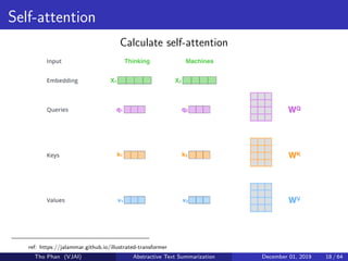 Self-attention
Calculate self-attention
ref: https://jalammar.github.io/illustrated-transformer
Tho Phan (VJAI) Abstractive Text Summarization December 01, 2019 18 / 64
 