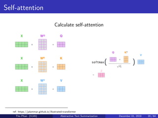 Self-attention
Calculate self-attention
ref: https://jalammar.github.io/illustrated-transformer
Tho Phan (VJAI) Abstractive Text Summarization December 01, 2019 20 / 64
 