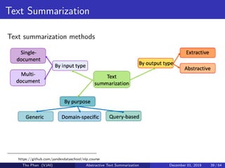 Text Summarization
Text summarization methods
https://github.com/yandexdataschool/nlp course
Tho Phan (VJAI) Abstractive Text Summarization December 01, 2019 39 / 64
 