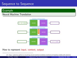 Sequence to Sequence
Example
Neural Machine Translation
How to represent input, context, output
ref: https://jalammar.github.io/visualizing-neural-machine-translation-mechanics-of-seq2seq-models-with-attention
Tho Phan (VJAI) Abstractive Text Summarization December 01, 2019 8 / 64
 
