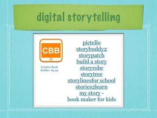 digital storytelling

                       pictello
                    storybuddy2
                     storypatch
                    build a story
Creative Book
Builder $3.99
                      storyrobe
                      storytree
                storylinesfor school
                   stories2learn
                     my story -
                book maker for kids
 