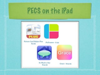 PECS on the iPad



Picture Card Maker Plus
                          PicFrames - $.99
         $5.99




                  So Much 2 Say
                                             Grace - $24.99
                     $24.99
 