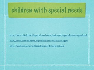 children with special needs


http://www.childrenwithspecialneeds.com/index.php/special-needs-apps.html

http://www.autismspeaks.org/family-services/autism-apps

http://teachinglearnerswithmultipleneeds.blogspot.com
 