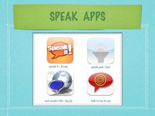 SPEAK APPS



   speak it - $1.99     speak pad - free




web reader HD - $4.99   talk to me $1.99
 