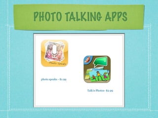PHOTO TALKING APPS




 photo speaks - $1.99



                        Talk’n Photos- $2.99
 