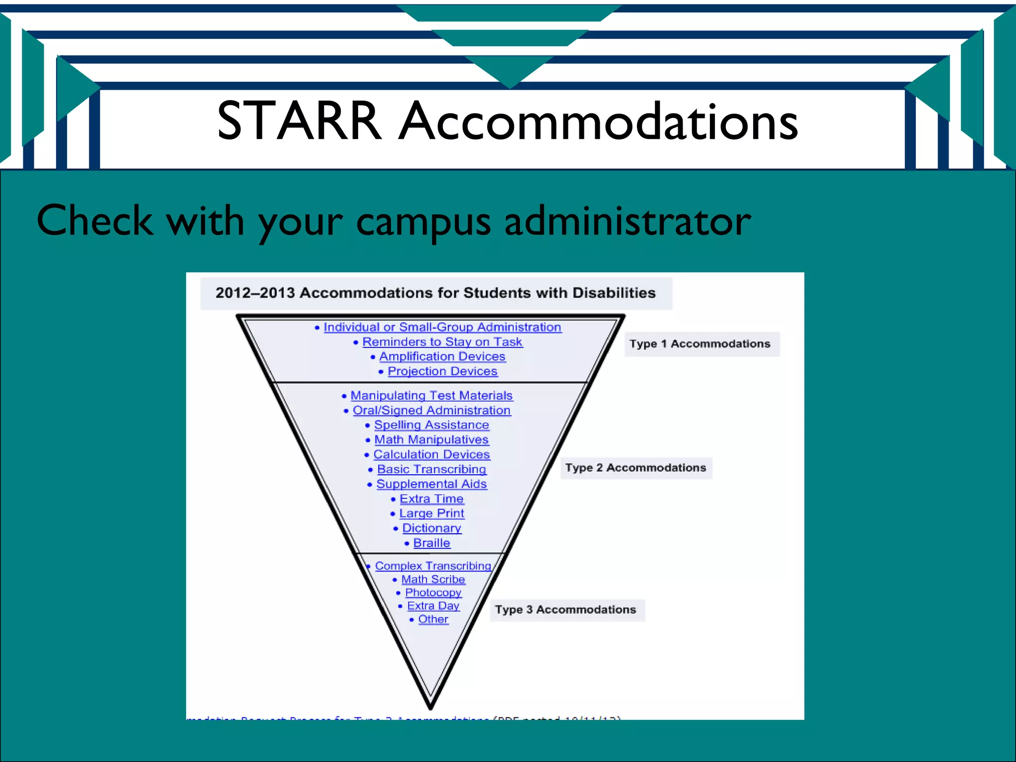 STARR Accommodations
Check with your campus administrator
 