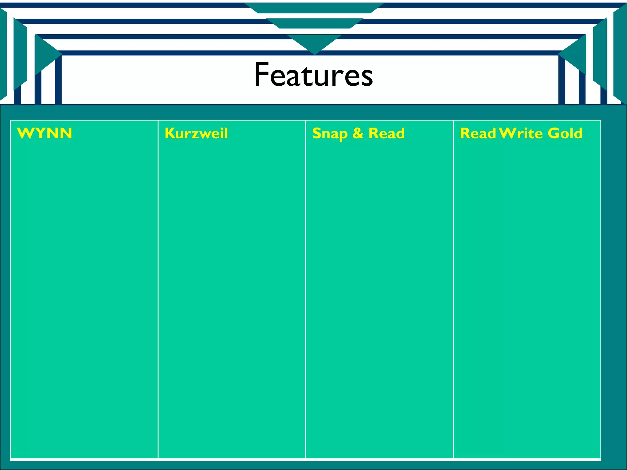 Features
WYNN   Kurzweil      Snap & Read   Read Write Gold
 