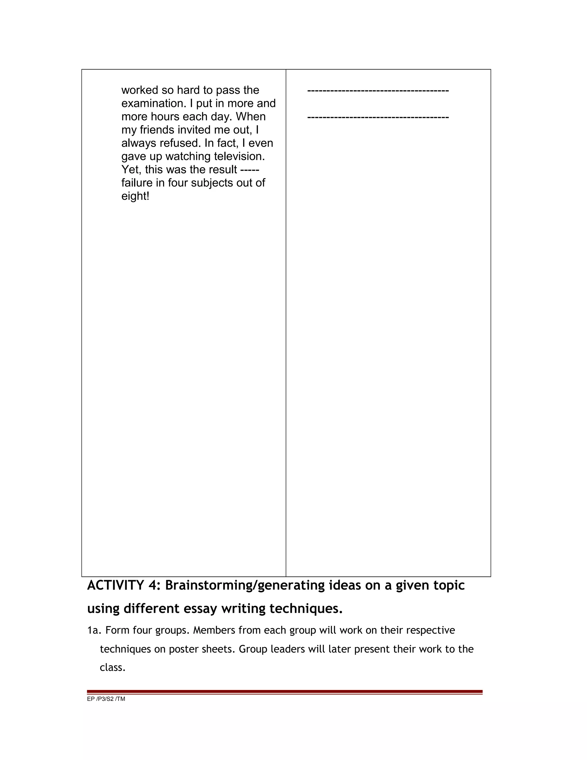 worked so hard to pass the
examination. I put in more and
more hours each day. When
my friends invited me out, I
always refused. In fact, I even
gave up watching television.
Yet, this was the result -----
failure in four subjects out of
eight!
-------------------------------------
-------------------------------------
ACTIVITY 4: Brainstorming/generating ideas on a given topic
using different essay writing techniques.
1a. Form four groups. Members from each group will work on their respective
techniques on poster sheets. Group leaders will later present their work to the
class.
EP /P3/S2 /TM
 