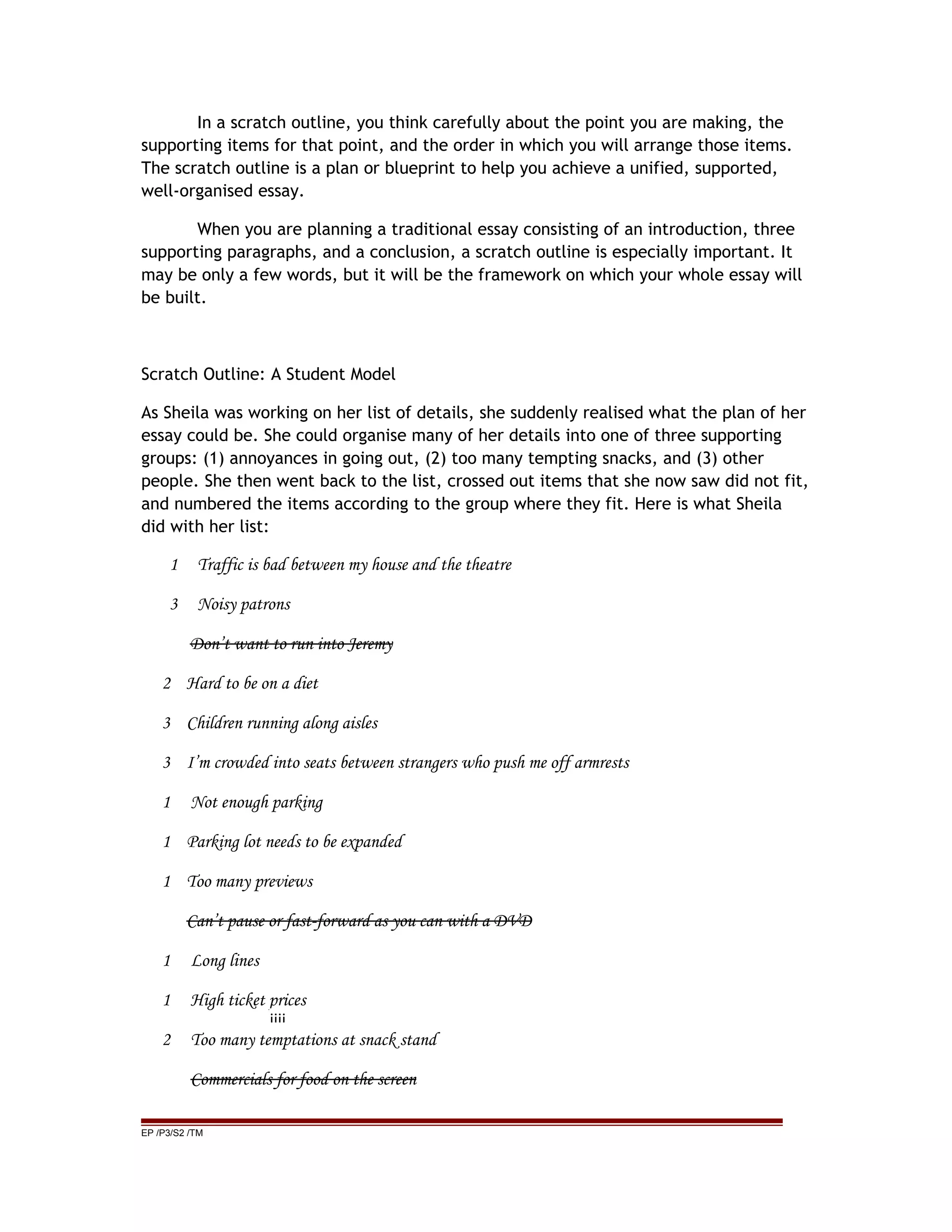 In a scratch outline, you think carefully about the point you are making, the
supporting items for that point, and the order in which you will arrange those items.
The scratch outline is a plan or blueprint to help you achieve a unified, supported,
well-organised essay.
When you are planning a traditional essay consisting of an introduction, three
supporting paragraphs, and a conclusion, a scratch outline is especially important. It
may be only a few words, but it will be the framework on which your whole essay will
be built.
Scratch Outline: A Student Model
As Sheila was working on her list of details, she suddenly realised what the plan of her
essay could be. She could organise many of her details into one of three supporting
groups: (1) annoyances in going out, (2) too many tempting snacks, and (3) other
people. She then went back to the list, crossed out items that she now saw did not fit,
and numbered the items according to the group where they fit. Here is what Sheila
did with her list:
1 Traffic is bad between my house and the theatre
3 Noisy patrons
Don’t want to run into Jeremy
2 Hard to be on a diet
3 Children running along aisles
3 I’m crowded into seats between strangers who push me off armrests
1 Not enough parking
1 Parking lot needs to be expanded
1 Too many previews
Can’t pause or fast-forward as you can with a DVD
1 Long lines
1 High ticket prices
2 Too many temptations at snack stand
Commercials for food on the screen
EP /P3/S2 /TM
jjjj
 