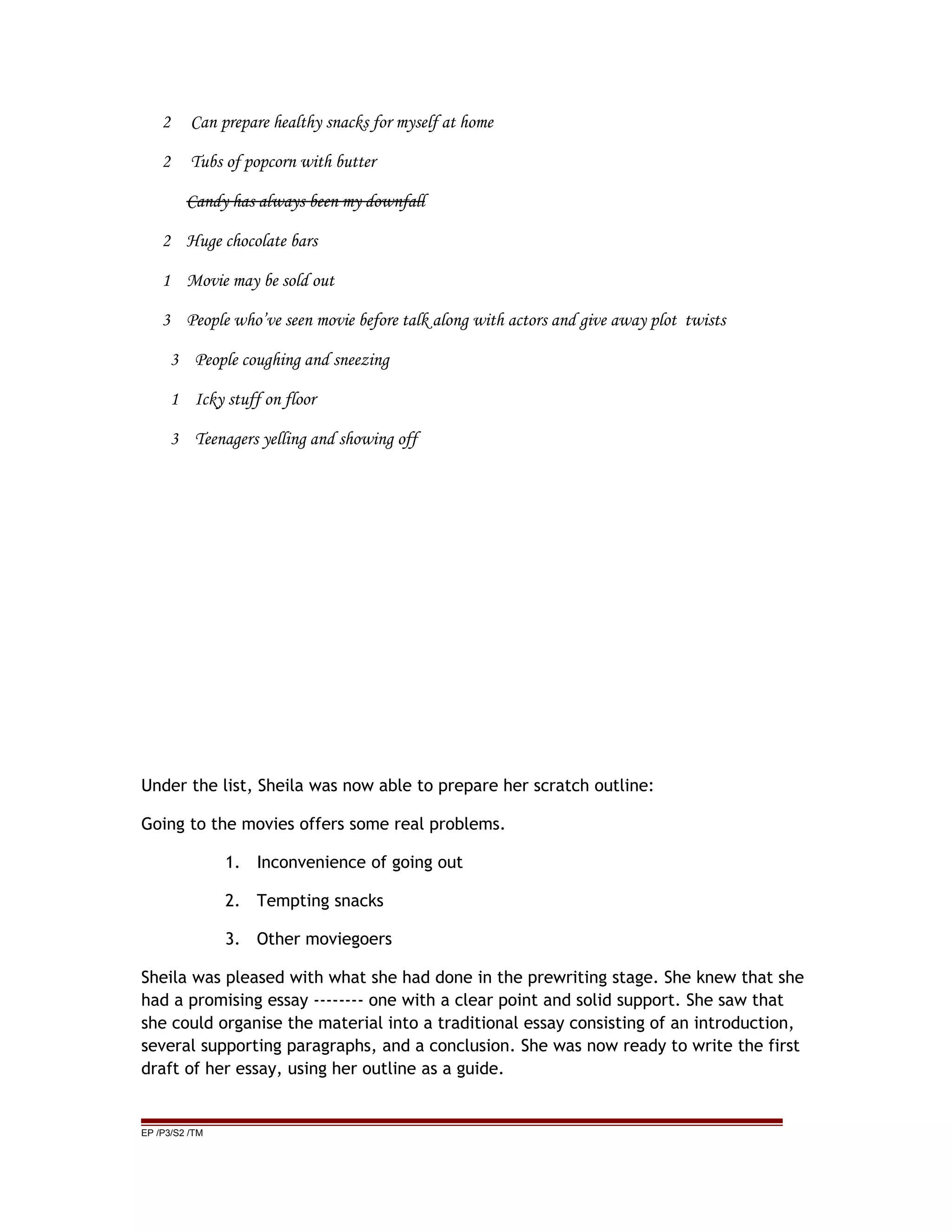 2 Can prepare healthy snacks for myself at home
2 Tubs of popcorn with butter
Candy has always been my downfall
2 Huge chocolate bars
1 Movie may be sold out
3 People who’ve seen movie before talk along with actors and give away plot twists
3 People coughing and sneezing
1 Icky stuff on floor
3 Teenagers yelling and showing off
Under the list, Sheila was now able to prepare her scratch outline:
Going to the movies offers some real problems.
1. Inconvenience of going out
2. Tempting snacks
3. Other moviegoers
Sheila was pleased with what she had done in the prewriting stage. She knew that she
had a promising essay -------- one with a clear point and solid support. She saw that
she could organise the material into a traditional essay consisting of an introduction,
several supporting paragraphs, and a conclusion. She was now ready to write the first
draft of her essay, using her outline as a guide.
EP /P3/S2 /TM
 