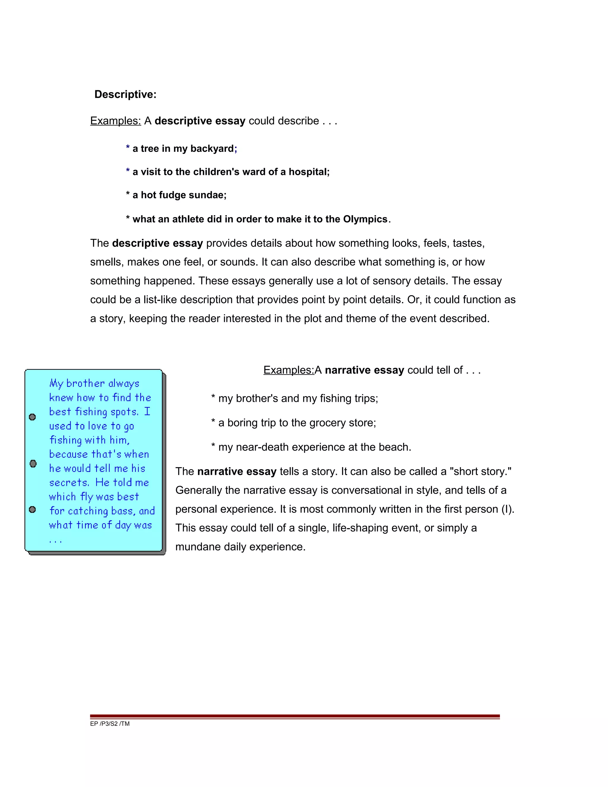 Descriptive:
Examples: A descriptive essay could describe . . .
* a tree in my backyard;
* a visit to the children's ward of a hospital;
* a hot fudge sundae;
* what an athlete did in order to make it to the Olympics.
The descriptive essay provides details about how something looks, feels, tastes,
smells, makes one feel, or sounds. It can also describe what something is, or how
something happened. These essays generally use a lot of sensory details. The essay
could be a list-like description that provides point by point details. Or, it could function as
a story, keeping the reader interested in the plot and theme of the event described.
Examples:A narrative essay could tell of . . .
* my brother's and my fishing trips;
* a boring trip to the grocery store;
* my near-death experience at the beach.
The narrative essay tells a story. It can also be called a "short story."
Generally the narrative essay is conversational in style, and tells of a
personal experience. It is most commonly written in the first person (I).
This essay could tell of a single, life-shaping event, or simply a
mundane daily experience.
EP /P3/S2 /TM
 
