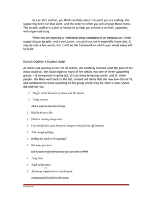 In a scratch outline, you think carefully about the point you are making, the
supporting items for that point, and the order in which you will arrange those items.
The scratch outline is a plan or blueprint to help you achieve a unified, supported,
well-organised essay.
When you are planning a traditional essay consisting of an introduction, three
supporting paragraphs, and a conclusion, a scratch outline is especially important. It
may be only a few words, but it will be the framework on which your whole essay will
be built.
Scratch Outline: A Student Model
As Sheila was working on her list of details, she suddenly realised what the plan of her
essay could be. She could organise many of her details into one of three supporting
groups: (1) annoyances in going out, (2) too many tempting snacks, and (3) other
people. She then went back to the list, crossed out items that she now saw did not fit,
and numbered the items according to the group where they fit. Here is what Sheila
did with her list:
1 Traffic is bad between my house and the theatre
3 Noisy patrons
Don’t want to run into Jeremy
2 Hard to be on a diet
3 Children running along aisles
3 I’m crowded into seats between strangers who push me off armrests
1 Not enough parking
1 Parking lot needs to be expanded
1 Too many previews
Can’t pause or fast-forward as you can with a DVD
1 Long lines
1 High ticket prices
2 Too many temptations at snack stand
Commercials for food on the screen
EP /P3/S2 /TM
jjjj
 