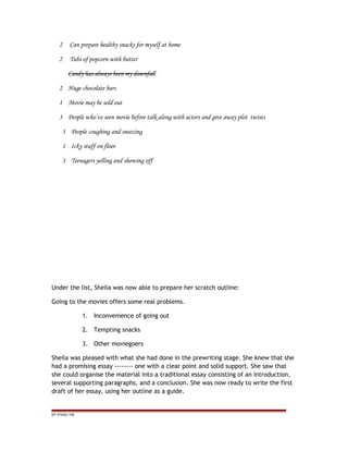 2 Can prepare healthy snacks for myself at home
2 Tubs of popcorn with butter
Candy has always been my downfall
2 Huge chocolate bars
1 Movie may be sold out
3 People who’ve seen movie before talk along with actors and give away plot twists
3 People coughing and sneezing
1 Icky stuff on floor
3 Teenagers yelling and showing off
Under the list, Sheila was now able to prepare her scratch outline:
Going to the movies offers some real problems.
1. Inconvenience of going out
2. Tempting snacks
3. Other moviegoers
Sheila was pleased with what she had done in the prewriting stage. She knew that she
had a promising essay -------- one with a clear point and solid support. She saw that
she could organise the material into a traditional essay consisting of an introduction,
several supporting paragraphs, and a conclusion. She was now ready to write the first
draft of her essay, using her outline as a guide.
EP /P3/S2 /TM
 