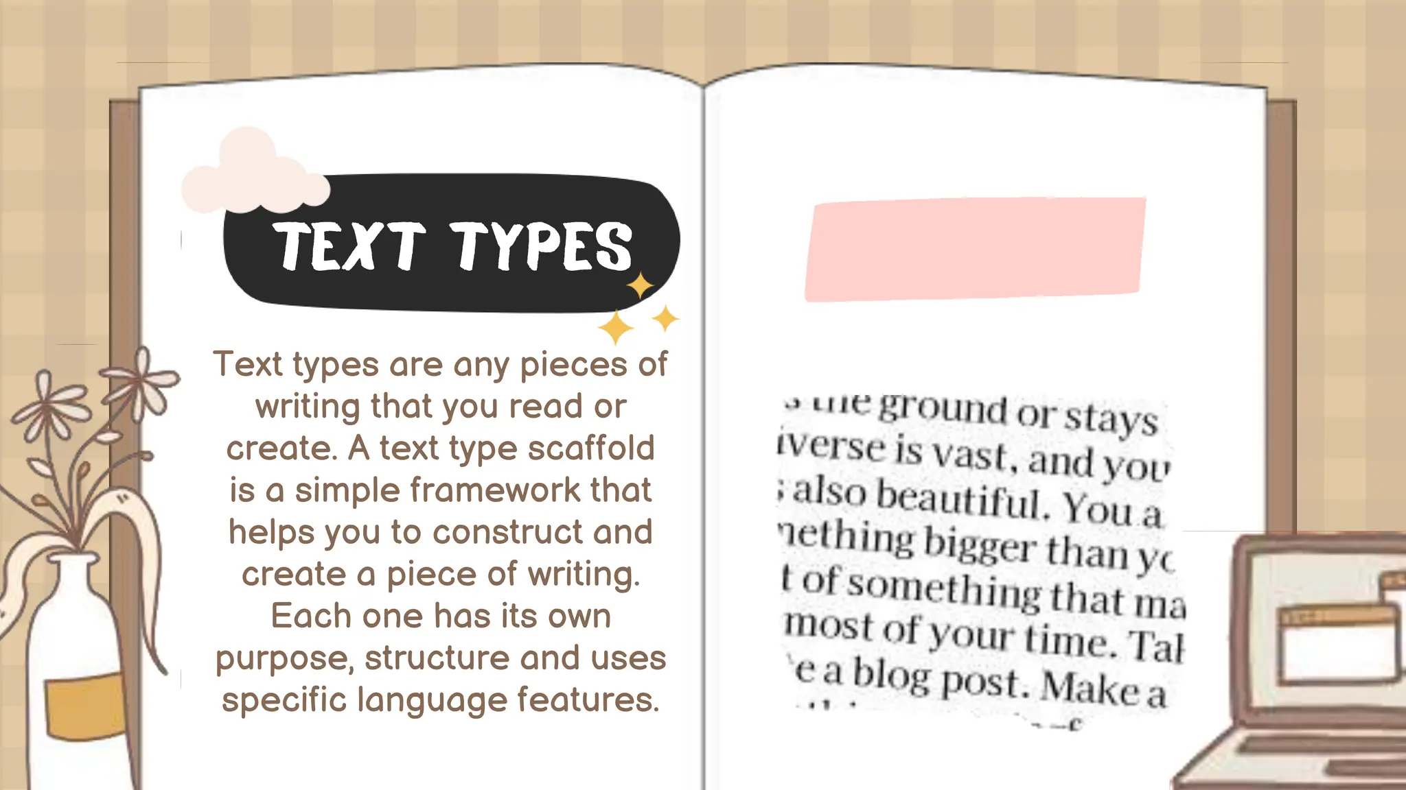 Text types are any pieces of
writing that you read or
create. A text type scaffold
is a simple framework that
helps you to construct and
create a piece of writing.
Each one has its own
purpose, structure and uses
specific language features.