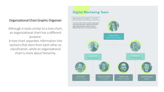 Organizational Chart Graphic Organizer
Although it looks similar to a tree chart,
an organizational chart has a different
purpose.
A tree chart separates information into
sections that stem from each other as
classification, while an organizational
chart is more about hierarchy.
 