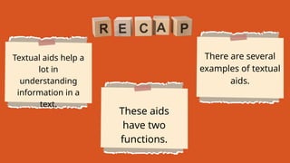 Textual aids help a
lot in
understanding
information in a
text.
These aids
have two
functions.
There are several
examples of textual
aids.
 