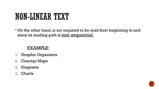 NON-LINEAR TEXT
 On the other hand, is not required to be read from beginning to end
since its reading path is non-sequential.
EXAMPLE:
1. Graphic Organizers
2. Concept Maps
3. Diagrams
4. Charts
 