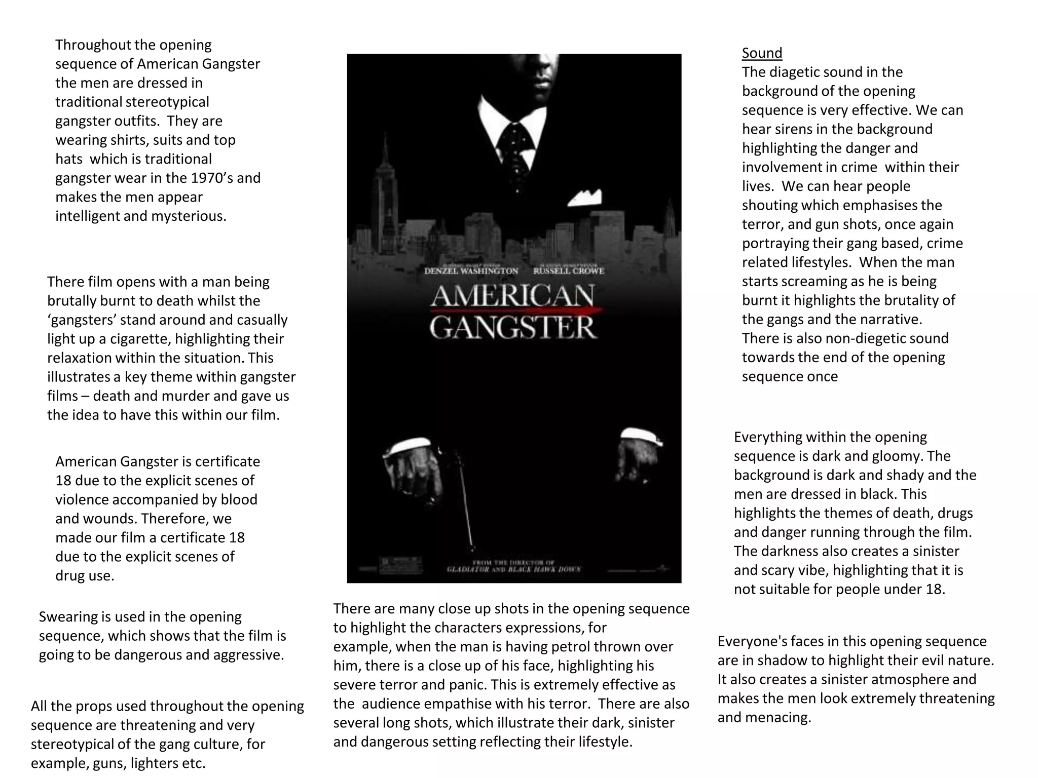 Throughout the opening sequence of American Gangster the men are dressed in traditional stereotypical gangster outfits.  They are wearing shirts, suits and top hats  which is traditional gangster wear in the 1970’s and makes the men appear intelligent and mysterious. SoundThe diagetic sound in the background of the opening sequence is very effective. We can hear sirens in the background highlighting the danger and involvement in crime  within their lives.  We can hear people shouting which emphasises the terror, and gun shots, once again  portraying their gang based, crime related lifestyles.  When the man starts screaming as he is being burnt it highlights the brutality of the gangs and the narrative.  There is also non-diegetic sound  towards the end of the opening sequence once There film opens with a man being brutally burnt to death whilst the ‘gangsters’ stand around and casually light up a cigarette, highlighting their relaxation within the situation. This illustrates a key theme within gangster films – death and murder and gave us the idea to have this within our film. Everything within the opening sequence is dark and gloomy. The background is dark and shady and the men are dressed in black. This highlights the themes of death, drugs and danger running through the film. The darkness also creates a sinister and scary vibe, highlighting that it is not suitable for people under 18. American Gangster is certificate 18 due to the explicit scenes of violence accompanied by blood and wounds. Therefore, we made our film a certificate 18 due to the explicit scenes of drug use. There are many close up shots in the opening sequence to highlight the characters expressions, for example, when the man is having petrol thrown over him, there is a close up of his face, highlighting his severe terror and panic. This is extremely effective as the  audience empathise with his terror.  There are also several long shots, which illustrate their dark, sinister  and dangerous setting reflecting their lifestyle. Swearing is used in the opening sequence, which shows that the film is going to be dangerous and aggressive. Everyone's faces in this opening sequence are in shadow to highlight their evil nature. It also creates a sinister atmosphere and makes the men look extremely threatening and menacing. All the props used throughout the opening sequence are threatening and very stereotypical of the gang culture, for example, guns, lighters etc. 