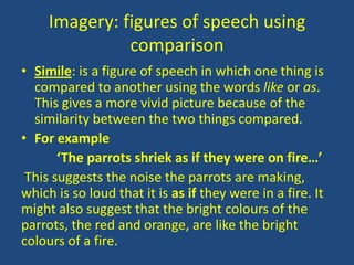 Imagery: figures of speech using
               comparison
• Simile: is a figure of speech in which one thing is
  compared to another using the words like or as.
  This gives a more vivid picture because of the
  similarity between the two things compared.
• For example
       ‘The parrots shriek as if they were on fire…’
 This suggests the noise the parrots are making,
which is so loud that it is as if they were in a fire. It
might also suggest that the bright colours of the
parrots, the red and orange, are like the bright
colours of a fire.
 