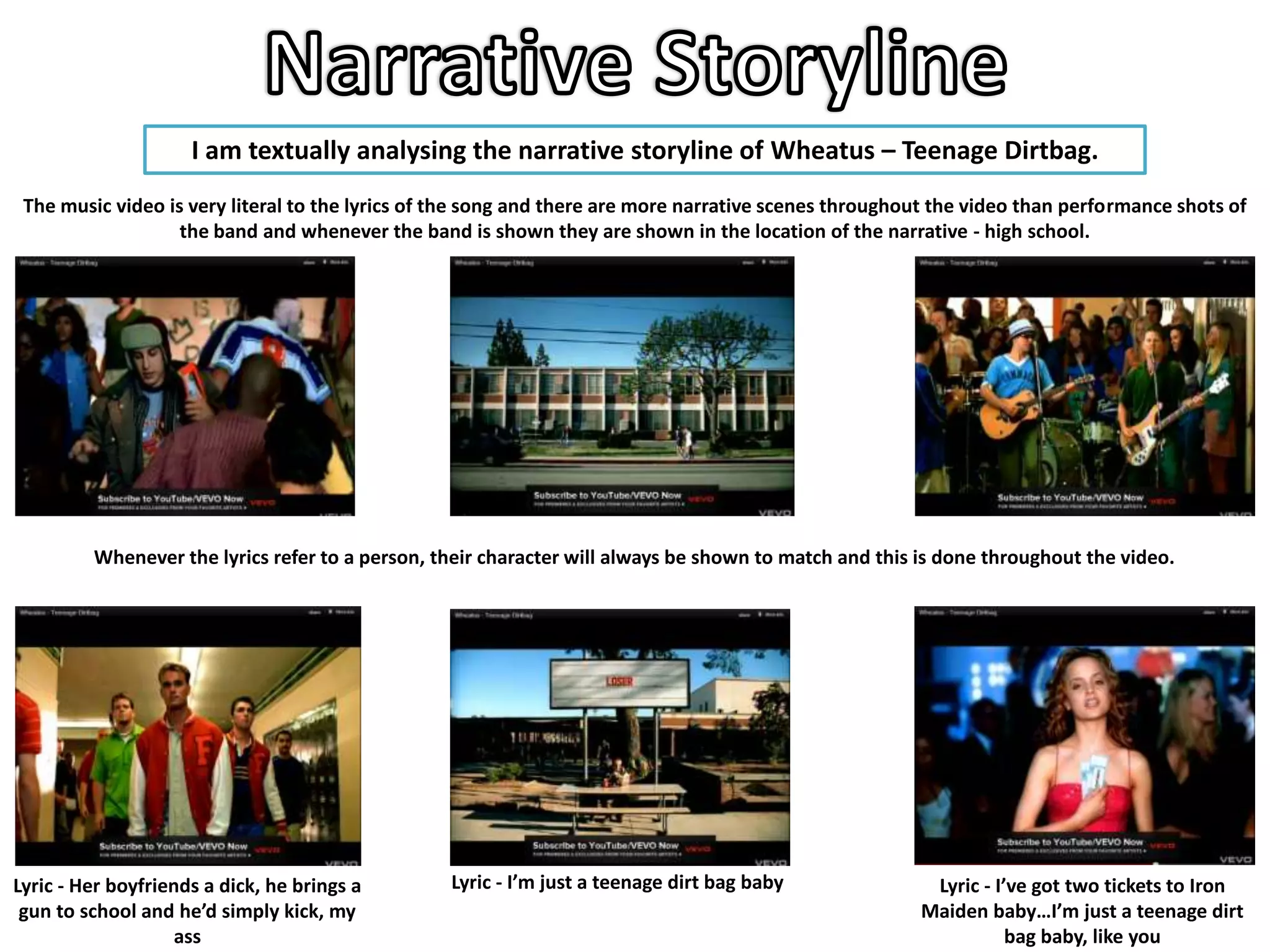 I am textually analysing the narrative storyline of Wheatus – Teenage Dirtbag.
 The music video is very literal to the lyrics of the song and there are more narrative scenes throughout the video than performance shots of
                   the band and whenever the band is shown they are shown in the location of the narrative - high school.




         Whenever the lyrics refer to a person, their character will always be shown to match and this is done throughout the video.




Lyric - Her boyfriends a dick, he brings a       Lyric - I’m just a teenage dirt bag baby               Lyric - I’ve got two tickets to Iron
 gun to school and he’d simply kick, my                                                                Maiden baby…I’m just a teenage dirt
                    ass                                                                                           bag baby, like you
 