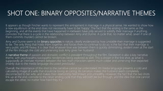 SHOT ONE: BINARY OPPOSITES/NARRATIVE THEMES
It appears as though Fincher wants to represent this entrapment in marriage in a physical sense. He wanted to show how
a new equilibrium at the end does not necessarily have to be ‘happy’. The fact that the ending is the same as the
beginning, and all the events that have happened in-between have only served to solidify their marriage if anything,
connotes that there is a cycle in the relationship between Amy and Dunne. A cycle that, no matter what, (even if one of
them commits murder) cannot be broken.
Amy and Dunne seem to be binary opposites in nature, clearly evidenced by how unstable their marriage is suggested
to be. The only thing that holds them together, and forces them to continue to do so, is the fact that their marriage is
very public and PR heavy. It is clear that whatever love was between them is quickly diminishing, evident even at the start
of the film through the cold and unnerving look Amy gives her husband.
A narrative theme of passion and domestic conflict is prevalent throughout the film. Deception is also a key narrative
theme, with psychopathic/sociopathic tendencies being explored as well. This is shown in the first shot, as what is
supposedly an intimate moment between the two main characters seems much colder and unnerving than expected
(mainly due to the media language discussed previously).
Overall, the importance of this shot to the narrative cannot be understated. It’s media language presents a cold and
calculating image of a wife that should be loving an caring. Its narration makes the husband seem completely
disconnected to her wife, and makes their relationship feel broken and unhealthy. However, the fact that the two shots
link up at the end, connote to the never ending cycle that they will both be but through, and the idea that one cannot
escape the other, no matter how hard they try.
 