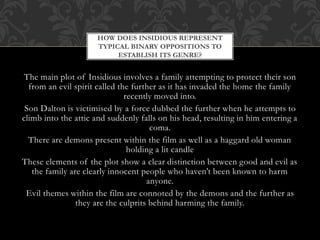 The main plot of Insidious involves a family attempting to protect their son
from an evil spirit called the further as it has invaded the home the family
recently moved into.
Son Dalton is victimised by a force dubbed the further when he attempts to
climb into the attic and suddenly falls on his head, resulting in him entering a
coma.
There are demons present within the film as well as a haggard old woman
holding a lit candle
These elements of the plot show a clear distinction between good and evil as
the family are clearly innocent people who haven’t been known to harm
anyone.
Evil themes within the film are connoted by the demons and the further as
they are the culprits behind harming the family.
HOW DOES INSIDIOUS REPRESENT
TYPICAL BINARY OPPOSITIONS TO
ESTABLISH ITS GENRE?
 