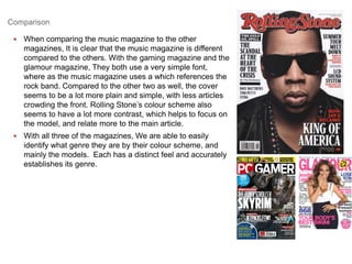 Comparison 
 When comparing the music magazine to the other 
magazines, It is clear that the music magazine is different 
compared to the others. With the gaming magazine and the 
glamour magazine, They both use a very simple font, 
where as the music magazine uses a which references the 
rock band. Compared to the other two as well, the cover 
seems to be a lot more plain and simple, with less articles 
crowding the front. Rolling Stone’s colour scheme also 
seems to have a lot more contrast, which helps to focus on 
the model, and relate more to the main article. 
 With all three of the magazines, We are able to easily 
identify what genre they are by their colour scheme, and 
mainly the models. Each has a distinct feel and accurately 
establishes its genre. 
