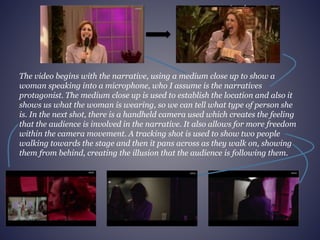 The video begins with the narrative, using a medium close up to show a 
woman speaking into a microphone, who I assume is ...