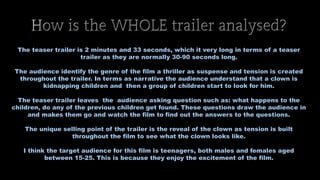 The teaser trailer is 2 minutes and 33 seconds, which it very long in terms of a teaser
trailer as they are normally 30-90 seconds long.
The audience identify the genre of the film a thriller as suspense and tension is created
throughout the trailer. In terms as narrative the audience understand that a clown is
kidnapping children and then a group of children start to look for him.
The teaser trailer leaves the audience asking question such as: what happens to the
children, do any of the previous children get found. These questions draw the audience in
and makes them go and watch the film to find out the answers to the questions.
The unique selling point of the trailer is the reveal of the clown as tension is built
throughout the film to see what the clown looks like.
I think the target audience for this film is teenagers, both males and females aged
between 15-25. This is because they enjoy the excitement of the film.
 