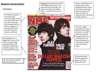 Magazine Textual Analysis       Masthead- Situated at the top left    There is a bold black and
                                of the page which shows it is an      red font with a white
                                important part of the page, and       background which makes
  Front Cover                   stands out in bold, red, capital      the writing on the page
                                letters to inform and attract the     stand out. Layout and
                                reader.                               colour schemes are
     The banner along the                                             important when attracting
     top of the page                                                  a target audience.
     includes yellow writing
     to make it different to
     the rest of the page.
     By it being shown on a
     banner suggests it is                                            The main image is
     big news and one of                                              what draws the most
     the first things the                                             attention to the page
     audience will read.                                              because it is central
                                                                      and covers most of
                                                                      the page. Alex Turner
  Sub headings are in a                                               and Miles Kane are
  bigger font to most of the                                          featured because it is
  other text on the page                                              informing the reader
  drawing attention and                                               of the main topics
  letting the reader know                                             inside.
  what the magazine will
  include before they buy it.



                                                                     The barcode shows
                                                                     that the magazine is
   The main image is a medium                                        popular with over
   close up camera shot.                                             1000 copies sold.
 