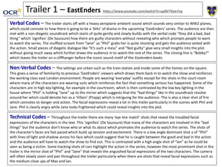 Trailer 1 – EastEnders https://www.youtube.com/watch?v=upBV74yw7vg
Verbal Codes – The trailer starts off with a heavy aeroplane ambient sound which sounds very similar to WW2 planes,
which could connote to how there is going to be a ‘blitz’ of drama in the upcoming ‘EastEnders’ series. The audience are then
met with a non-diegetic soundtrack which starts of quite gently and slowly builds with the verbal code “they did a bad, bad
thing” which ‘signifies’ (De Saussure) how there are guilty characters without revealing who which prompts people to want
to watch the series. The muffled scream from “Jane” as “Phil” grabs her is quite shocking and gets the audience exited with
the action. Small pieces of diegetic dialogue like “It’s such a mess” and “Not guilty” give very small insights into the plot
without giving much away which further draws the audience in to watch the rest of the series. The closing line is “Bobby?”
which leaves the trailer on a cliffhanger before the iconic sound motif of the Eastenders beats.
Non-Verbal Codes – The settings are urban such as the train station and inside some of the homes on the square.
This gives a sense of familiarity to previous ‘EastEnders’ viewers which draws them back in to watch the show and reinforces
the working class east London environment. People are wearing ‘everyday’ outfits except for the shots in the court room
where many of the characters are wearing suits which reinforces the fact that something serious has happened. Some of the
characters are in high key lighting, for example in the courtroom, which is then contrasted by the low key lighting in the
house where “Phil” is holding “Jane” up to the mirror which suggests that the “bad things” like in the soundtrack revolve
around her which could denote her as a ‘Villain’ (Propp) which is intriguing for the audience. The is also a clear shot of fire
which connotes to danger and action. The facial expressions reveal a lot in this trailer particularly in the scenes with Phil and
Jane. Phil is clearly angry while Jane looks frightened which could reveal insights into the plot.
Technical Codes – Throughout the trailer there are many ‘eye line match’ shots that reveal the troubled facial
expressions of the characters in the text. This ‘signifies’ (De Saussure) that many of the characters are involved in the “bad
things” but the audience don’t know who or what its about which promotes the audience to watch the series. The shots of
the character’s faces are fast paced which build up tension and excitement. There is a low angle dominant shot a of “Phil”
with lines of light and shadow across his face which could suggest that he is caught between the good and bad in the action
and the audience will have to watch the show to find out. This is contrasted with a high angle shot of “Ian” as he could be
seen as being a victim. Some tracking shots of cars highlight the action in the series, however the most prominent shot in the
trailer is the mirror shot of “Phil” and “Jane” that reveals the anguished facial expressions of the two characters. The camera
will often slowly zoom and pan throughout the trailer particularly when there are shots that reveal facial expressions such as
the medium close ups of Max and Ian.
 