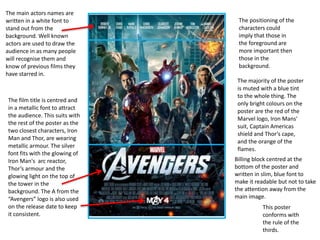 This poster
conforms with
the rule of the
thirds.
The positioning of the
characters could
imply that those in
the foreground are
more important then
those in the
background.
The majority of the poster
is muted with a blue tint
to the whole thing. The
only bright colours on the
poster are the red of the
Marvel logo, Iron Mans'
suit, Captain Americas
shield and Thor’s cape,
and the orange of the
flames.
The main actors names are
written in a white font to
stand out from the
background. Well known
actors are used to draw the
audience in as many people
will recognise them and
know of previous films they
have starred in.
The film title is centred and
in a metallic font to attract
the audience. This suits with
the rest of the poster as the
two closest characters, Iron
Man and Thor, are wearing
metallic armour. The silver
font fits with the glowing of
Iron Man's arc reactor,
Thor’s armour and the
glowing light on the top of
the tower in the
background. The A from the
“Avengers” logo is also used
on the release date to keep
it consistent.
Billing block centred at the
bottom of the poster and
written in slim, blue font to
make it readable but not to take
the attention away from the
main image.
 