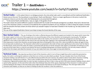 Trailer 1 – EastEnders –
https://www.youtube.com/watch?v=5oYy5TUqMXA
Verbal Codes – in this advert there is no dialogue present, the only verbal code used is a soundtrack and the traditional EastEnders
theme tune at the end. The Soundtrack is Lana Delray’s ‘God’s and Monsters’. There is a major significance in the lyrics in which the
producers chose to cut into the trailer, the following lyrics are presented throughout:
• “In the land of God’s and Monsters, I was an angel, in the garden of evil”
The trailer shows the several different suspects involved with the murder of the female protagonist Lucy Beale, these lyrics denote how
one of the characters shown is innocent surrounded by the murderer/murderers of Lucy, However in order to keep the viewers involved
with the storyline the faces shown are those whom you wouldn’t expect to have been involved in the murder e.g. her dad, brother and
step mum.
The use of the original EastEnders theme tune helps to keep the brand identity of the soap.
Non-Verbal Codes – The use of setting in this trailer is effective because the different suspects are located in the square which means that
the viewer is given no hints as to if the suspects are in or around the place of the crime, therefore not knowing who may be guilty. The lighting
throughout the trailer is extremely dark and low key which adds to the mystery, the costumes in which the protagonists are wearing are not
significant in this trailer as the outfits are the same as the ones that they wear regularly in the soap besides the storyline they are advertising. The
facial expressions in which the characters are portraying make them all look guilty of the crime, this is done too baffle the viewer yet again so they
do not know who murdered Lucy. The characters whom which are presented in the trailer all have some significance to the victim, from her Dad to
her Best friend, at the end of the trailer the viewer is presented with the faces of all the characters who appear on EastEnders all looking up, at the
very end of the trailer there is a shot of Lucy stood at the top of a building looking down at all these characters, this not only creates a sense of
pathos from the viewers who liked the character of Lucy, but makes them even more eager to know who killed her.
Technical Codes – By using close up shots of each of the characters, which in turn all have straight faces which could all be perceived as
guilty, the trailer is confusing the audience so that there are no hints as to who killed Lucy Beale. The over shoulder shot of one of the female
characters holding a top with blood on it is also effective because before the shot reverses, the audience doesn’t know which character is holding
the bloody top, creating more suspense. There is then a broken frame shot of Lucy’s brother Peter, by using a broken shot it portrays his
brokenness, fragmented emotions after his sister has been murdered, yet there is later a close up shot of the same character holding a shovel, which
sparks further questions. At the end of the trailer when there Birdseye View shot of the square, depicting all of the characters it creates quite an
emotive feeling for the viewer as the shot shows every single character that features on the show all looking up. This shot type makes all the
characters look helpless, as they are no closer to finding out who the murderer is than the audience is.
 
