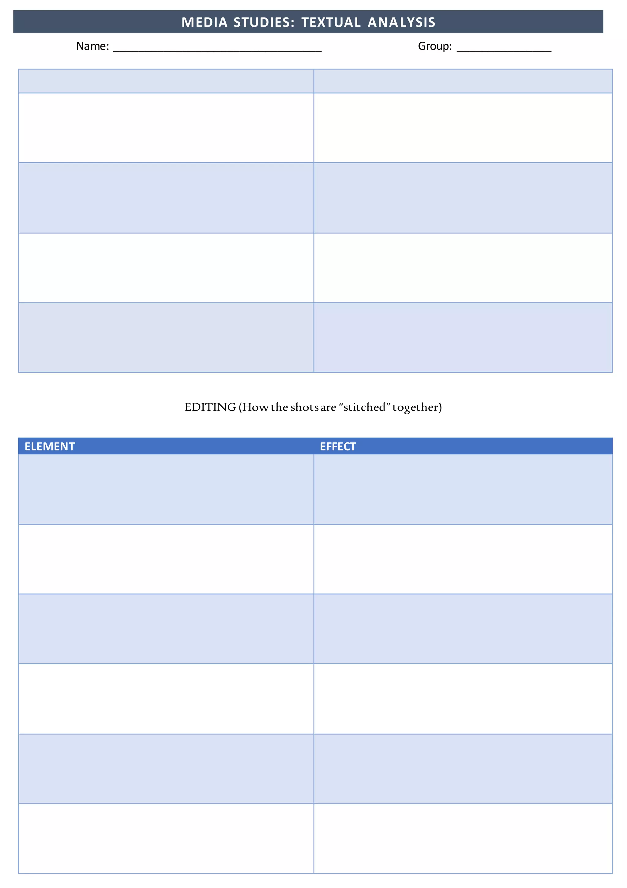 Name: _________________________________ Group: _______________
MEDIA STUDIES: TEXTUAL ANALYSIS
EDITING(Howthe shotsare “stitched”together)
ELEMENT EFFECT