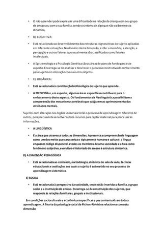 • O não aprenderpode expressarumadificuldade narelaçãodacriança com seugrupo
de amigosou com a sua família,sendoosintomade algoque não vai bemnesta
dinâmica.
• B) COGNITIVA:
• Está relacionadaaodesenvolvimentodasestruturascognoscitivasdosujeitoaplicadas
emdiferentessituações.Nodomíniodestadimensão,estão:amemória,aatenção,a
percepçãoe outros fatoresque usualmente sãoclassificadoscomofatores
intelectuais.
• A Epistemologiae aPsicologiaGenéticasãoas áreasde panode fundoparaeste
aspecto.Encarrega-se de analisare descreveroprocessoconstrutivodoconhecimento
pelosujeitoem interaçãocomosoutrosobjetos.
• C) ORGÂNICA :
• Está relacionadaà constituiçãobiofisiológicadosujeitoque aprende.
• A MEDICINA e,em especial,algumasáreas específicascontribuempara o
embasamentodeste aspecto. Os fundamentosda Neolinguísticapossibilitama
compreensãodos mecanismoscerebraisque subjazemao aprimoramento das
atividadesmentais.
Sujeitoscomalteraçãonosórgãossensoriaisterãooprocessode aprendizagemdiferente de
outros,poisprecisamdesenvolveroutrosrecursosparacaptar material paraprocessaras
informações.
• A LINGÜÍSTICA
• É a área que atravessa todas as dimensões.Apresentaa compreensãoda linguagem
como um dos meiosque caracteriza o tipicamente humanoe cultural: a língua
enquantocódigo disponível atodos os membros de uma sociedade e a fala como
fenômenosubjetivo,evolutivoe historiadode acesso à estrutura simbólica.
D) A DIMENSÃO PEDAGÓGICA
• Está relacionadaao conteúdo,metodologia,dinâmicade sala de aula, técnicas
educacionaise avaliaçõesaos quaiso sujeitoé submetidono seuprocesso de
aprendizagemsistemática.
E) SOCIAL
• Está relacionadaà perspectivada sociedade,onde estão inseridasa família,o grupo
social e a instituiçãode ensino.Encarrega-se da constituição dos sujeitos,que
responde às relaçõesfamiliares,grupais e institucionais.
Em condiçõessocioculturaise econômicasespecíficase que contextualizamtoda a
aprendizagem.A Teoria da psicologiasocial de Pichon-Riviéri se relacionnacom esta
dimensão
 