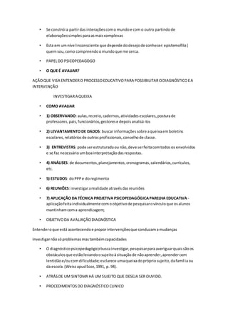 • Se constrói a partirdas interaçõescomo mundoe com o outro partindode
elaboraçõessimplesparaasmaiscomplexas
• Esta em umnível inconsciente que depende dodesejode conhecer:epistemofilia(
quemsou,como compreendoomundoque me cerca.
• PAPELDO PSICOPEDAGOGO
• O QUE É AVALIAR?
AÇÃOQUE VISA ENTENDERO PROCESSOEDUCATIVOPARA POSSIBILITARODIAGNÓSTICOEA
INTERVENÇÃO
INVESTIGARA QUEIXA
• COMO AVALIAR
• 1) OBSERVANDO: aulas,recreio,cadernos,atividadesescolares,posturade
professores,pais,funcionários,gestorese depoisanalisá-los
• 2) LEVANTAMENTO DE DADOS: buscar informaçõessobre aqueixaemboletins
escolares,relatóriosde outrosprofissionais,conselhode classe.
• 3) ENTREVISTAS: pode serestruturadaou não,deve serfeitacomtodosos envolvidos
e se faz necessárioumboainterpretaçãodasrespostas.
• 4) ANÁLISES: de documentos,planejamentos,cronogramas,calendários,currículos,
etc.
• 5) ESTUDOS: doPPPe do regimento
• 6) REUNIÕES: investigararealidade atravésdasreuniões
• 7) APLICAÇÃO DA TÉCNICA PROJETIVA PSICOPEDAGÓGICAPARELHA EDUCATIVA -
aplicaçãofeitaindividualmente comoobjetivode pesquisarovínculoque osalunos
mantinhamcoma aprendizagem;
• OBJETIVODA AVALIAÇÃODIAGNÓSTICA
Entenderoque está acontecendoe proporintervençõesque conduzamamudanças
Investigarnãosóproblemasmastambémcapacidades
• O diagnósticopsicopedagógicobuscainvestigar,pesquisarparaaveriguarquaissãoos
obstáculosque estãolevandoosujeitoàsituaçãode nãoaprender,aprendercom
lentidãoe/oucomdificuldade;esclarece umaqueixadoprópriosujeito,dafamíliaou
da escola.(WeissapudScoz,1991, p. 94).
• ATRÁSDE UM SINTOMA HÁ UM SUJEITO QUE DESEJA SER OUVIDO.
• PROCEDIMENTOSDO DIAGNÓSTICOCLINICO
 