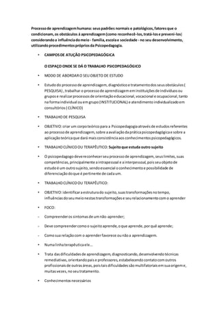 Processode aprendizagemhumana: seuspadrões normais e patológicos,fatoresque o
condicionam,os obstáculos á aprendizagem(como reconhecê-los,tratá-lose preveni-los)
considerandoa influênciadomeio - família,escolae sociedade - no seu desenvolvimento,
utilizandoprocedimentosprópriosda Psicopedagogia.
• CAMPOSDE ATUÇÃO PSICOPEDAGÓGICA
O ESPAÇO ONDE SE DÁ O TRABALHO PSICOPEDAGÓGICO
• MODO DE ABORDARO SEU OBJETO DE ESTUDO
• Estudodo processode aprendizagem, diagnósticoe tratamentodosseusobstáculos(
PESQUISA) ,trabalhar o processode aprendizagememinstituiçõesde indivíduosou
grupose realizarprocessosde orientaçãoeducacional,vocacional e ocupacional,tanto
na formaindividual ouemgrupo(INSTITUCIONAL) e atendimentoindividualizadoem
consultórios( CLÍNICO)
• TRABALHODE PESQUISA
• OBJETIVO:criar um corpoteóricopara a Psicopedagogiaatravésde estudosreferentes
ao processode aprendizagem, sobre aavaliaçãodapráticapsicopedagógicae sobre a
aplicaçãoteóricaque dará maisconsistênciaaosconhecimentospsicopedagógicos.
• TRABALHOCLÍNICOOU TERAPÊUTICO: Sujeitoque estuda outro sujeito
• O psicopedagogodevereconhecerseuprocessode aprendizagem, seuslimites,suas
competências,principalmente aintrapessoal e ainterpessoal,poisseuobjetode
estudoé um outrosujeito,sendoessencial oconhecimentoe possibilidade de
diferenciaçãodoque é pertinente de cadaum.
• TRABALHOCLÍNICOOU TERAPÊUTICO:
• OBJETIVO:identificaraestruturado sujeito,suastransformaçõesnotempo,
influênciasdoseumeionestastransformaçõese seurelacionamentocomo aprender
• FOCO:
- Compreenderossintomasde umnão-aprender;
- Deve compreendercomoo sujeitoaprende,oque aprende,porquê aprende;
- Comosua relaçãocom o aprenderfavorece ounãoa aprendizagem.
• Numalinhaterapêuticaele...
• Trata dasdificuldadesde aprendizagem,diagnosticando,desenvolvendotécnicas
remediativas,orientandopaise professores,estabelecendocontatocomoutros
profissionaisde outrasáreas,poistaisdificuldadessãomultifatoriaisemsuaorigeme,
muitasvezes,noseutratamento.
• Conhecimentosnecessários
 