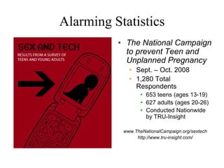 Alarming Statistics
• The National Campaign
to prevent Teen and
Unplanned Pregnancy
• Sept. – Oct. 2008
• 1,280 Total
Respondents
• 653 teens (ages 13-19)
• 627 adults (ages 20-26)
• Conducted Nationwide
by TRU-Insight
www.TheNationalCampaign.org/sextech
http://www.tru-insight.com/
 