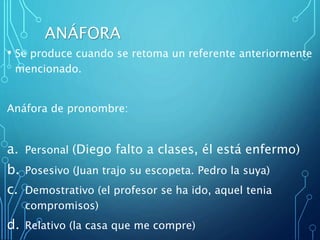 ANÁFORA
• Se produce cuando se retoma un referente anteriormente
mencionado.
Anáfora de pronombre:
a. Personal (Diego falto a clases, él está enfermo)
b. Posesivo (Juan trajo su escopeta. Pedro la suya)
c. Demostrativo (el profesor se ha ido, aquel tenia
compromisos)
d. Relativo (la casa que me compre)
 