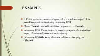 EXAMPLE
 1. China started its massive program of a text reform as part of an
overall economic restructuring in January 1994.
 China (theme) , started its massive program……. (rheme).
 In January 1994, China started its massive program of a text reform
as part of an overall economic restructuring.
 In January 1994 (theme) , china started its massive program…..
(Rheme).
 