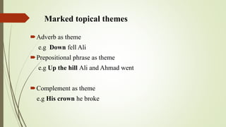 Marked topical themes
Adverb as theme
e.g Down fell Ali
Prepositional phrase as theme
e.g Up the hill Ali and Ahmad went
Complement as theme
e.g His crown he broke
 