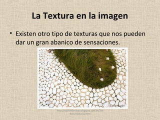 La Textura en la imagen
• Existen otro tipo de texturas que nos pueden
  dar un gran abanico de sensaciones.




               http://manuelarribas.blogspot.com.es/200
                         9/01/texturas.html
 