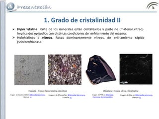  Hipocristalina. Parte de los minerales están cristalizados y parte no (material vítreo).
Implica dos episodios con distintas condiciones de enfriamiento del magma.
 Holohialinas o vítreas. Rocas dominantemente vítreas, de enfriamiento rápido
(sobreenfriadas).
Traquita - Textura hipocristalina (afanítica) Obsidiana- Textura vítrea u Holohialina
Imagen de Geolina 163 en Wikimedia Commons.
Licencia cc
Imagen de Chmee2 en Wikimedia Commons.
Licencia cc
Imagen de PAR en Wikimedia
Commons. Dominio público
Imagen de Giip en Wikimedia commons.
Licencia cc
1. Grado de cristalinidad II
 